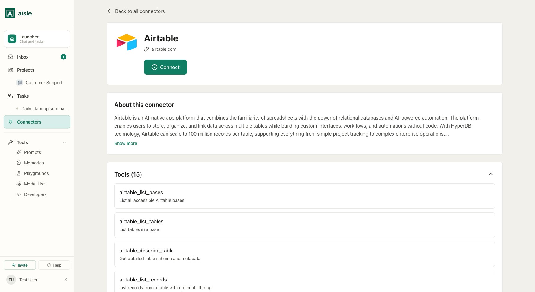 A connector's detail page: Connect, the description, and the tools it provides