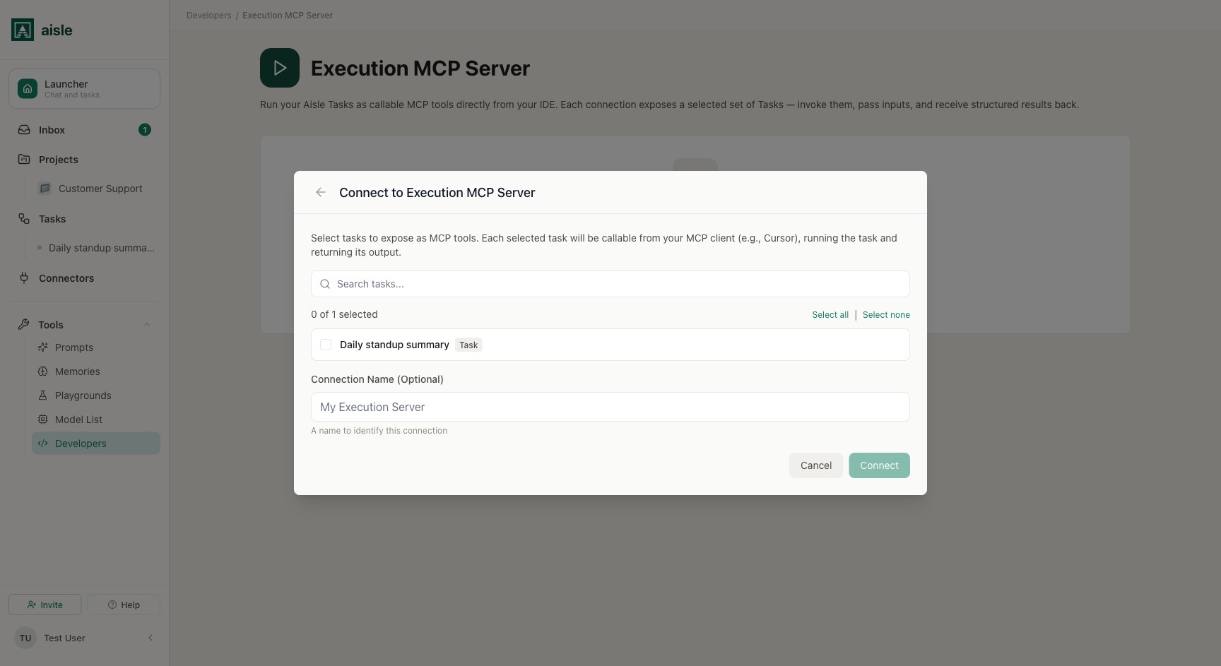 Connecting the Execution MCP Server: choose which tasks to expose as tools