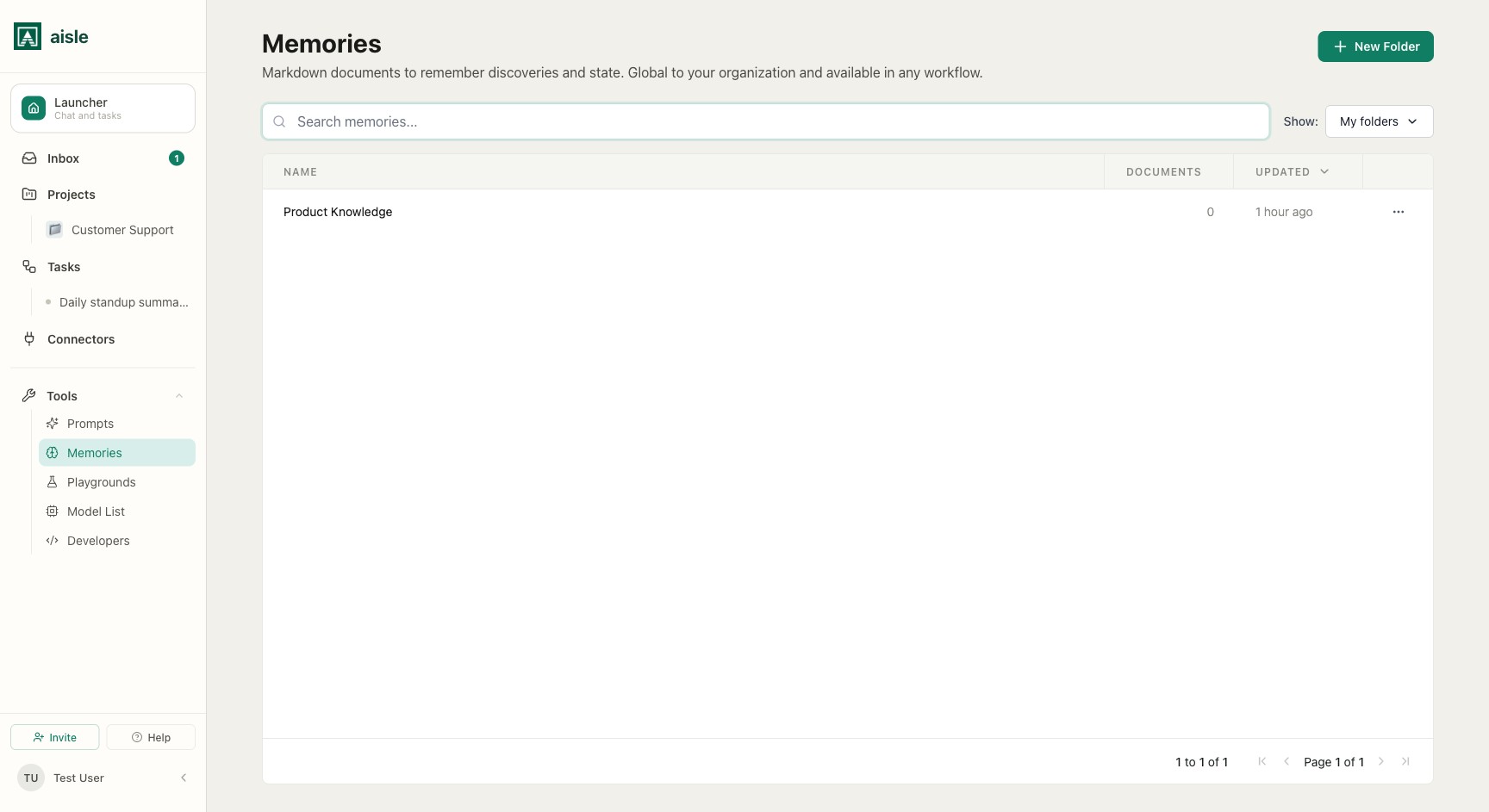 The Memories page: your organization's folders