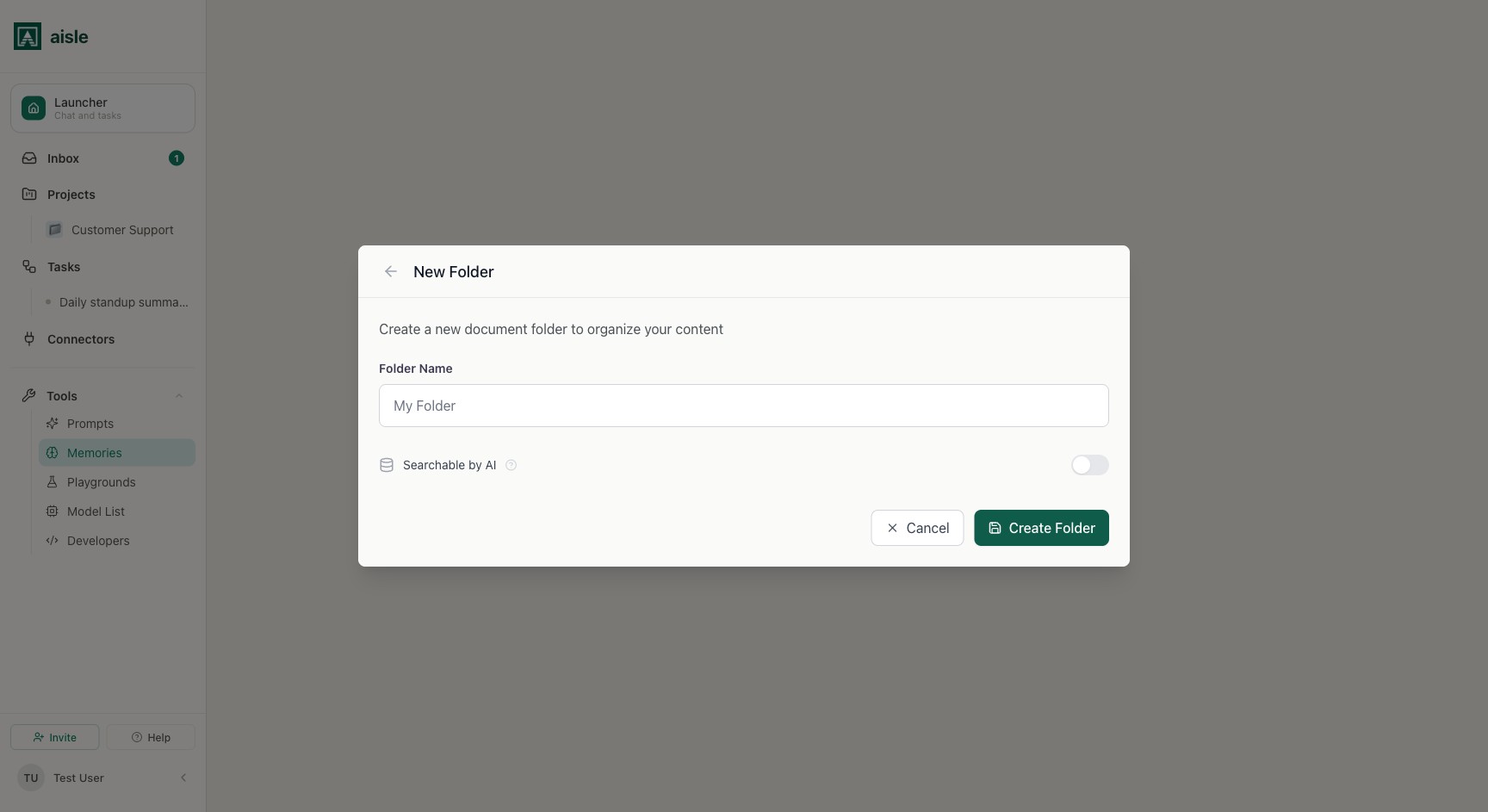 Creating a memory folder, with the "Searchable by AI" toggle