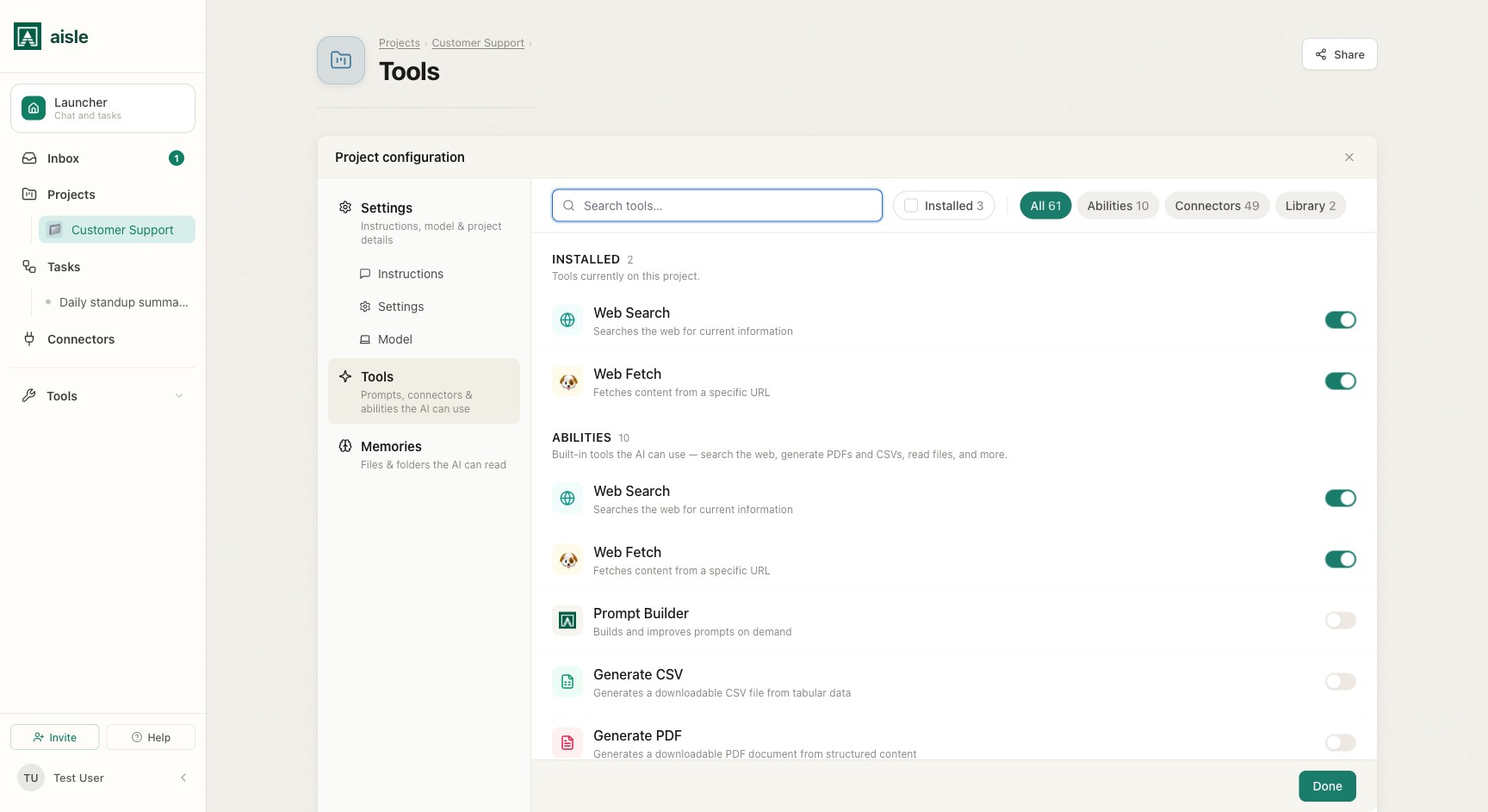 The project tools catalog: Abilities, Connectors, and Library